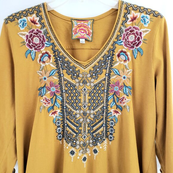 Johnny Was Tunic Top LARGE Dark Mustard Embroidered Floral 3/4-Sleeve #J13019-7 - Picture 3 of 10